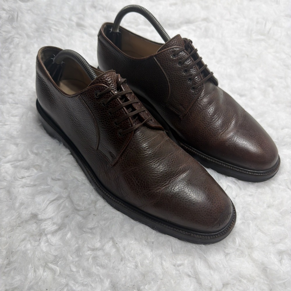 Salvatore Ferragamo Mens Derby Shoes 10 EE Pebbled Leather Mahogany‎ Brown Italy